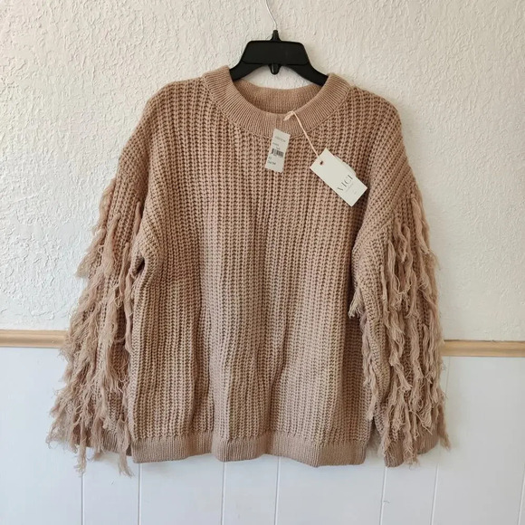 Vici Fringe Sleeve Sweater Size XS Taupe Beige Neutral Crewneck Oversized - Picture 2 of 8